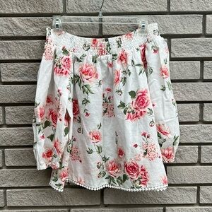 Zara Off Shoulder Smocked Neck Linen Blend Floral Blouse with Embroidery